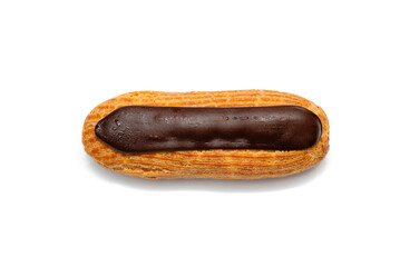 One eclair with chocolate on a white background