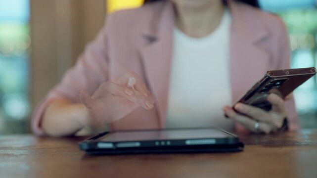 Technology-driven smart office concept with multitasking tools including stylus, smartphone, and tablet