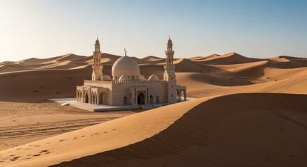 White mosque in golden desert sands