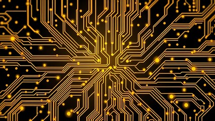 Abstract circuit board with golden patterns, illustrating modern technology.