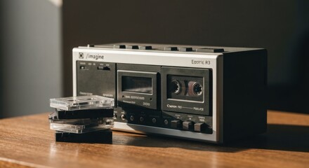 Obraz premium Vintage cassette player on a wooden table