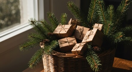 Wicker basket filled with wrapped gifts, nestled amongst evergreen branches and pine cones, beside a window