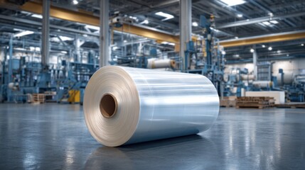 A large roll of clear plastic film is resting on the floor of a busy manufacturing facility. Industrial machines and equipment are seen in the background, showcasing production in action