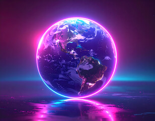 Neon Earth Globe in Retro Synthwave or Vaporwave Style. Futuristic Global Technology Concept