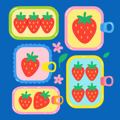 Cute Strawberry Fruit Sticker Set Illustration. Retro Summer Kitchen Pattern with Sweet Strawberries.