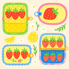 Cute Strawberry Fruit Sticker Set Illustration. Retro Summer Kitchen Pattern with Sweet Strawberries.
