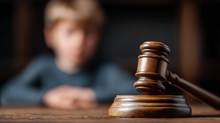 A young child sits attentively in a courtroom, focused on a wooden gavel placed on a table. The scene captures the serious atmosphere of a legal session