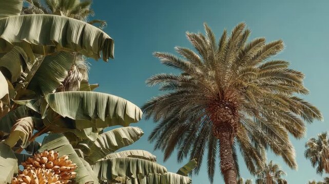 Low Angle View of Palm and Banana Trees Against a Vivid Blue Sky
