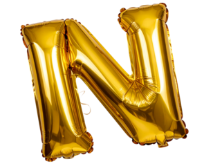 Gold Balloon Letter N, Floating Party Decoration with Soft Shadows, Isolated PNG