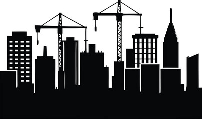 city skyline with multiple construction cranes and unfinished buildings silhouette vector illustration