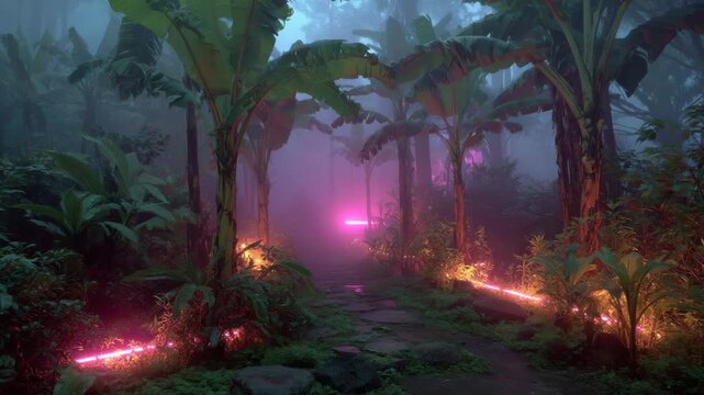 Misty Jungle Path with Pink Neon Lights