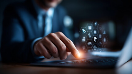 A professional engages with an AI powered e learning interface hyper realistic learning icons with vivid details moody shadows on a screen bright saturation in education visuals