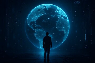 Obraz premium Silhouette of lone explorer gazing at glowing digital Earth, symbolizing global connection and futuristic technology concepts.