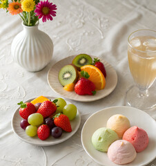 Fruit dessert with kiwi, orange, strawberry, grape and marshmallow