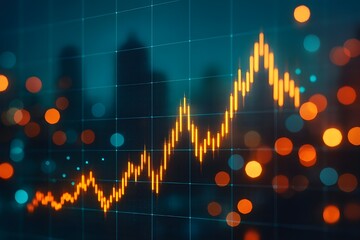 Dynamic financial chart showing upward trend with glowing bokeh lights on city skyline background
