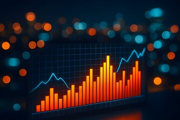 Dynamic financial graph displays surging market growth and positive trends against a bokeh city background, symbolizing success and progress.