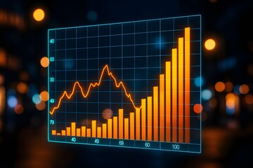 Dynamic financial chart displays upward trend with glowing bars and line graph against a bokeh background, visualizing growth and success.