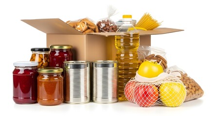 A cardboard box overflowing with various food items, canned goods, and other essential supplies, symbolizing sustenance and support.