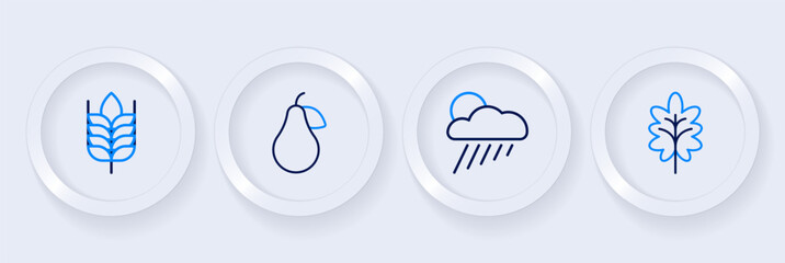 Set line Leaf, Cloud with rain and sun, Pear and Wheat icon. Vector