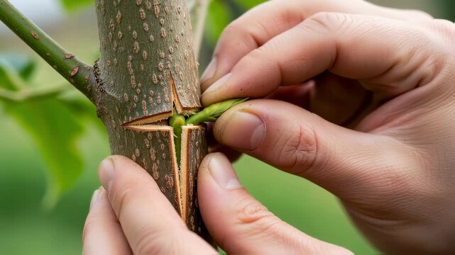 Closeup medium shot of hands carefully inserting a bud during a budding graft highlighting detailed tissue alignment.