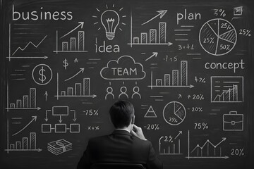 Strategizing entrepreneur contemplates complex business plan on chalkboard with financial charts and team concept graphics