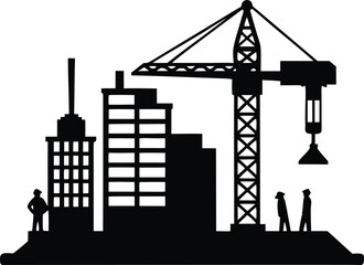Obraz premium Construction site with crane workers building skyscraper silhouette vector illustration