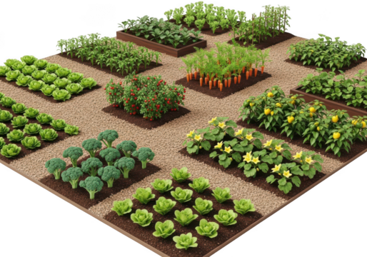 Aerial view of a diverse miniature garden with rows of lush green vegetables transparent background