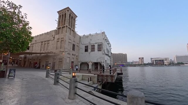 Dubai, UAE, 28.05.2025. Al Seef Dubai Creek historical heritage Area. Vintage Vibe of the traditional arab architecture