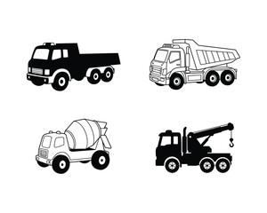 Fototapeta premium Collection of four distinct heavy construction vehicles including a dump truck cement mixer tow truck and flatbed truck rendered in a simple black and white illustration style