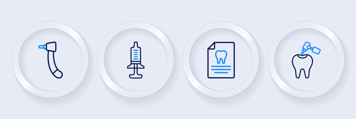 Set line Tooth with caries and drill, Clipboard dental card, Syringe and icon. Vector
