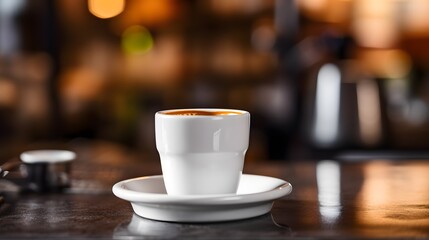 Espresso shot coffee cup on saucer at cafe bar counter for caffeine drink and coffee shop concept