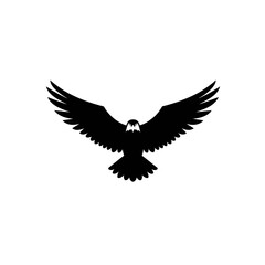 Obraz premium Silhouette of a hawk in mid-flight, sharp clean wings, flat black vector.