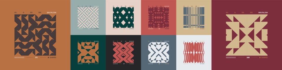 Kit of Postmodern geometric compositions with abstract shapes in brutalism aesthetics, mosaic of brutal figures, trendy color retro futuristic elements, vector modernist ornament, cards art 18 © max_776