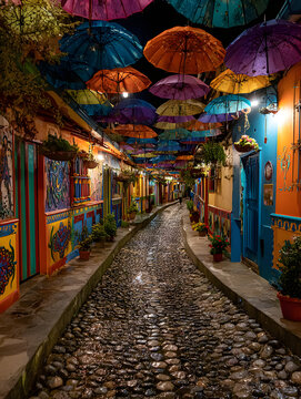 Colorful umbrellas hanging over narrow cobblestone pathway, illuminating scenic street corner in guatape, colombian landmark, full of colorful houses decorated with bas-relief designs (zocalos)