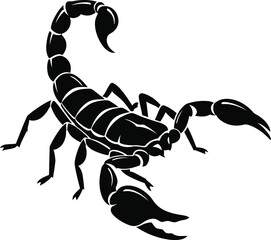 Silhouette of a black scorpion with a curled tail and pincers ready for action isolated on transparent background