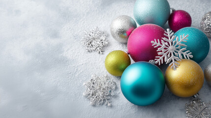 Colorful baubles with snow and silver decorations
