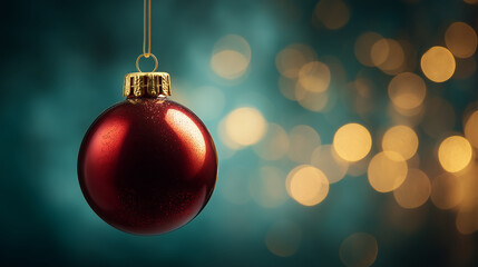 Red bauble hanging with gold festive bokeh lights