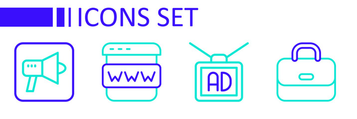 Set line Briefcase, Advertising, Browser window and Megaphone icon. Vector