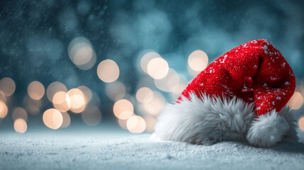 Santa hat on snow with bokeh festive background