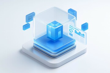 Abstract 3d isometric illustration of a futuristic digital data server with glowing blue elements and holographic interfaces