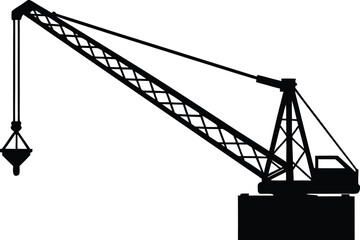 large construction crane with hook and extended arm Silhouette vector illustration