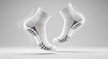 A dynamic shot of a pair of white athletic ankle socks floating in mid-air, with gray technical details and glowing, wispy effects suggesting moisture-wicking and comfort.