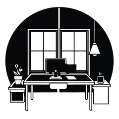 Home office workspace with desk computer window in black and white