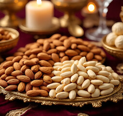 Almonds on a decorative plate with candle and sweets in the background