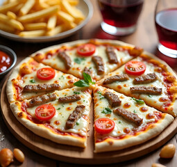 Delicious pizza with fries and drinks on a wooden table, close up shot