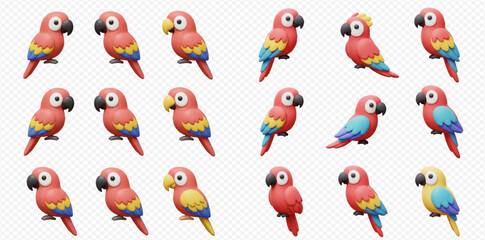 A vibrant collection of cute 3D rendered cartoon parrots and macaws in various poses, isolated on a transparent background.