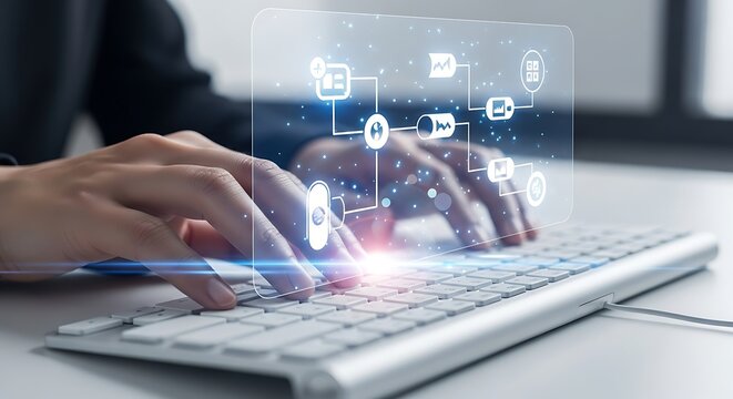 Hands typing on keyboard with holographic flowchart interface above technology digital