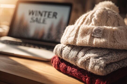 Knitted winter hats and sweaters on a wooden table, laptop with winter sale displayed