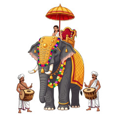 A majestic decorated elephant carrying a ceremonial figure under an ornate umbrella, flanked by drummers in a traditional procession.