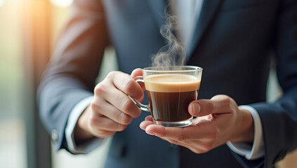 close-up of a cup of hot coffee in men's hands front view